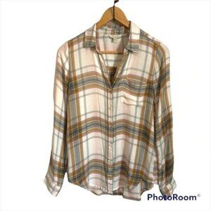 Lucky Brand Shirt XS Striped Button Up  Oversized High Low Plaid Soft Cowgirl